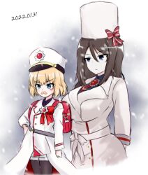 Rule 34 | 2girls, alternate costume, amogan, badge, border, breasts, coat, dated, girls und panzer, hand on own hip, hat, hat ribbon, katyusha (girls und panzer), large breasts, looking away, looking to the side, multiple girls, nonna (girls und panzer), ribbon, snow, snowing, trench coat, white border, white headwear