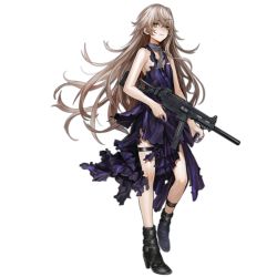 Rule 34 | 1girl, black footwear, breasts, brown hair, closed mouth, damaged, dress, full body, girls&#039; frontline, gun, h&amp;k ump, hair between eyes, heckler &amp; koch, high heels, holding, holding gun, holding weapon, infukun, long hair, looking at viewer, machine gun, military, nail polish, official alternate costume, official art, one side up, purple dress, purple nails, scar, scar across eye, scar on face, small breasts, solo, standing, submachine gun, thigh strap, torn clothes, torn dress, transparent background, ump45 (diamond flower) (girls&#039; frontline), ump45 (girls&#039; frontline), weapon, yellow eyes