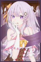 1girl absurdres alternate_costume bare_shoulders breasts cross-laced_clothes elf emilia_(re:zero) english_text fork gloves hair_ornament hair_ribbon happy_birthday highres holding holding_fork kaede20040813 licking_lips long_hair looking_at_viewer medium_breasts pointy_ears purple_eyes re:zero_kara_hajimeru_isekai_seikatsu ribbon smile solo tongue tongue_out upper_body white_gloves white_hair x_hair_ornament