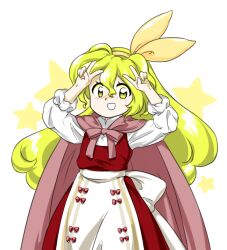 Rule 34 | 1girl, :d, apron, back bow, blonde hair, blush, bow, cape, double v, dress, ellen (touhou), hair between eyes, hairband, hands up, long hair, nonamejd, nose blush, official style, open mouth, orange hairband, pinafore dress, pink cape, red bow, shirt, sleeveless, sleeveless dress, sleeves rolled up, smile, solo, star (symbol), touhou, touhou (pc-98), v, waist apron, white apron, white background, white bow, white shirt, yellow eyes, zun (style)