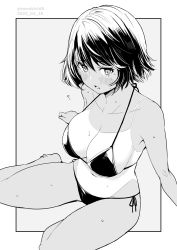 Rule 34 | 1girl, bikini, breasts, collarbone, commentary request, dated, grey background, greyscale, highres, kichihachi, large breasts, looking at viewer, monochrome, navel, one-piece tan, original, short hair, side-tie bikini bottom, sitting, solo, swimsuit, tan, tanline, twitter username, two-tone background, wet, white background
