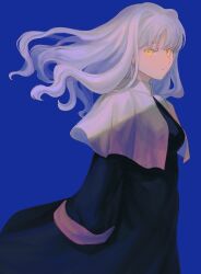 Rule 34 | 1girl, 64kawa4, black dress, blue background, capelet, caren hortensia, dress, expressionless, fate/hollow ataraxia, fate (series), floating hair, highres, long hair, looking at viewer, simple background, sleeves past fingers, sleeves past wrists, solo, upper body, white capelet, white hair, yellow eyes