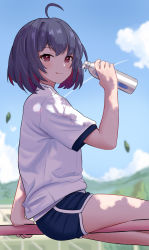 Rule 34 | 1girl, :p, absurdres, ahoge, black hair, blue sky, blurry, blurry background, blush, bottle, cloud, colored inner hair, drinking, gym shirt, gym shorts, gym uniform, highres, honkai (series), honkai impact 3rd, licking lips, looking at viewer, multicolored hair, outdoors, red eyes, red hair, seele (alter ego), seele vollerei, shade, shirt, short hair, short sleeves, shorts, sitting, sky, smile, solo, takeawatch, tongue, tongue out, two-tone hair, water bottle, water drop, white shirt