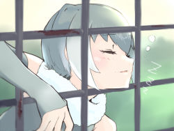 Rule 34 | 10s, 1girl, animal ears, bare shoulders, bars, blush, commentary request, elbow gloves, eyelashes, closed eyes, fingerless gloves, fur collar, gloves, grey hair, kemono friends, multicolored hair, one-piece swimsuit, otter ears, photo-referenced, short hair, sleeping, small-clawed otter (kemono friends), solo, swimsuit, warabe yume, white hair, zzz