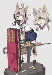 Rule 34 | !, 1girl, absurdres, ahoge, animal ears, anti-materiel rifle, barrett m82, blue archive, blue sailor collar, blue skirt, blush, boots, brown footwear, chibi, closed mouth, ear protection, fox ears, gloves, green eyes, grey background, gun, halo, highres, knee pads, light brown hair, long braid, looking at viewer, neckerchief, odmised, otogi (blue archive), red neckerchief, rifle, sailor collar, school uniform, simple background, sketch, skirt, smile, sniper rifle, solo, weapon, weapon case