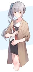 Rule 34 | 1girl, alternate costume, bag, black shorts, brown coat, brown eyes, casual, coat, cropped legs, decal, grey background, grey hair, highres, kantai collection, kasumi (kancolle), looking at viewer, ponko (damachida), shirt, shorts, side ponytail, simple background, solo, t-shirt, white shirt