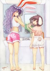 Rule 34 | 2girls, animal ears, barefoot, bloomers, bra, breasts, bright pupils, brown hair, brushing teeth, commentary request, faucet, floppy ears, frilled sleeves, frills, full body, highres, inaba tewi, long hair, looking at viewer, looking back, medium breasts, mirror, multiple girls, open mouth, painting (medium), pink shirt, pink shorts, purple hair, rabbit ears, rabbit girl, rabbit tail, red eyes, reisen udongein inaba, shirt, short hair, shorts, signature, tail, toothbrush, touhou, traditional media, underwear, uryan!, watercolor (medium), white bra, white pupils