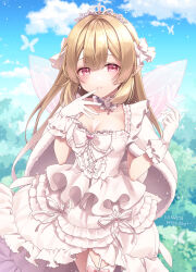 Rule 34 | 1girl, asymmetrical legwear, blonde hair, blush, bow, bug, butterfly, butterfly on hand, cape, choker, commission, day, dress, fairy wings, fur-trimmed cape, fur trim, garter straps, gloves, hair bow, hinata mizuiro, indie virtual youtuber, insect, long hair, looking at viewer, parted lips, purple eyes, single leg pantyhose, single thighhigh, skeb commission, sky, solo, thighhighs, tiara, virtual youtuber, wings