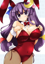 Rule 34 | 1girl, animal ears, breasts, rabbit ears, rabbit tail, playboy bunny, cleavage, crescent, crescent hair ornament, female focus, fishnet pantyhose, fishnets, hair ornament, huge breasts, long hair, pantyhose, patchouli knowledge, purple eyes, purple hair, shirogane (platinum), solo, tail, touhou