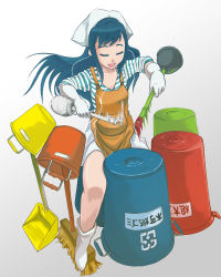 Rule 34 | 1girl, apron, bad id, bad pixiv id, blue hair, broom, bucket, chanchan, cleaning brush, drum, drum set, drumming, drumsticks, dustpan, earbuds, earphones, closed eyes, gloves, highres, instrument, long hair, maid, maid apron, no shoes, open mouth, original, plunger, skirt, socks, solo, striped, trash can, work gloves
