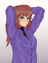 Rule 34 | 1girl, a hat in time, aged up, alternate costume, arms behind head, black skirt, blue eyes, blush, brown hair, closed mouth, coat, fujimna, hat kid, highres, long hair, looking at viewer, no headwear, partially unbuttoned, purple coat, short ponytail, sidelocks, simple background, skirt, smile, solo, upper body