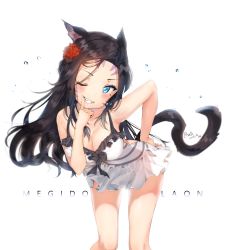 Rule 34 | 1girl, animal ears, artist name, bent over, black hair, blue eyes, blurry, breasts, cheli (kso1564), cleavage, dated, depth of field, facial mark, final fantasy, final fantasy xiv, forehead, grin, highres, long hair, looking at viewer, medium breasts, miqo&#039;te, mole, mole under eye, one-piece swimsuit, one eye closed, sidelocks, signature, skirt, smile, solo, striped clothes, striped one-piece swimsuit, swimsuit, tail, teeth, thighs, water drop, whisker markings, white one-piece swimsuit, white skirt
