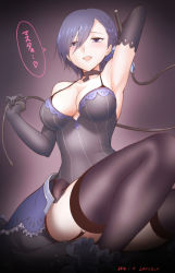 Rule 34 | 1girl, 2016, :d, arm behind head, arm up, black eyes, black hair, breasts, cattleya (gothic wa mahou otome), cleavage, dated, gothic wa mahou otome, holding, looking at viewer, medium breasts, open mouth, short hair, smile, solo, whip, yamamoto arifred
