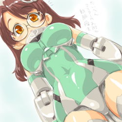 Rule 34 | 10s, 1girl, :o, ^^^, bad id, bad pixiv id, blush, breasts, bright feather, brightfeather, brown hair, busou shinki, covered navel, cowboy shot, crotch, dd (ijigendd), doll joints, dutch angle, elbow gloves, from below, glasses, gloves, hair ornament, hat, hip focus, joints, large breasts, leotard, long hair, looking at viewer, looking down, open mouth, orange eyes, rimless eyewear, solo, thighhighs, translated