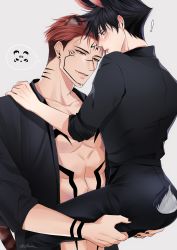 Rule 34 | !, 2boys, abs, animal ears, ass, back, black hair, black nails, black pants, black shirt, blue eyes, blush, chest tattoo, collared shirt, extra eyes, facial tattoo, fushiguro megumi, hand on another&#039;s ass, highres, jujutsu kaisen, lifting person, looking at another, male focus, multiple boys, muscular, muscular male, nail polish, open clothes, open shirt, pants, parted lips, pectorals, pink hair, rabbit ears, rabbit tail, red eyes, ryoumen sukuna (jujutsu kaisen), shirt, short hair, sleeves rolled up, spiked hair, tail, tattoo, tiger ears, tiger tail, twitter username, undercut, white shirt, yaoi, z0umu