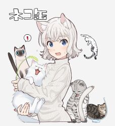 Rule 34 | !, 1girl, animal, animal ear fluff, animal ears, blue eyes, cat, cat ears, cat teaser, cropped torso, holding, holding animal, looking at viewer, open mouth, original, short hair, simple background, sleeves past fingers, sleeves past wrists, solo, spoken exclamation mark, sweatdrop, sweater, teshima nari, upper body, white background, white hair, white sweater
