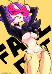 Rule 34 | 1girl, antennae, arms up, black choker, black torch, breasts, casual, character name, choker, cleavage, colo (nagrolaz), commentary, crop top, english commentary, fallout (black torch), front-tie top, glasses, large breasts, navel, no bra, pants, pince-nez, pink-tinted eyewear, pink-tinted glasses, purple hair, short hair, narrow waist, solo, sunglasses, tinted eyewear, underboob
