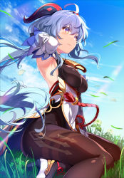 Rule 34 | 1girl, ahoge, arm up, armpits, bare shoulders, bell, black gloves, black legwear, blue hair, blue sky, blush, breasts, chinese knot, commentary request, detached sleeves, field, flower, flower field, flower knot, ganyu (genshin impact), genshin impact, gloves, gold trim, hair flower, hair ornament, high heels, highres, horns, long hair, looking at viewer, looking to the side, medium breasts, multicolored eyes, neck bell, outdoors, petals, qingxin flower, sidelocks, sitting, sky, smile, solo, thighlet, very long hair, vision (genshin impact), waist cape, wakaba sprout, white flower, white sleeves, wide sleeves, wind