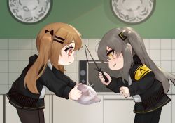 Rule 34 | 2girls, :3, absurdres, armband, bad id, bad pixiv id, black bow, black jacket, black pantyhose, black skirt, blush, bow, brown hair, chicken (food), clenched teeth, closed mouth, commentary request, dokomon, food, from side, frozen, girls&#039; frontline, grey hair, hair between eyes, hair bow, hair ornament, hairclip, highres, holding, holding food, hood, hood down, hooded jacket, indoors, jacket, korean commentary, leaning forward, long hair, long sleeves, microwave, multiple girls, one side up, open clothes, open jacket, pantyhose, pleated skirt, red hair, scar, scar across eye, scar on face, shirt, skirt, standing, sweat, teeth, tile wall, tiles, twintails, ump45 (girls&#039; frontline), ump9 (girls&#039; frontline), very long hair, white shirt, yellow eyes