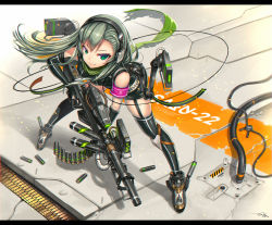 Rule 34 | 1girl, ammunition, ammunition belt, armband, cable, elbow gloves, fingerless gloves, garter straps, gia, gloves, green eyes, green hair, gun, headphones, highres, knee pads, leaning forward, long hair, looking at viewer, original, shorts, smile, solo, thighhighs, trigger discipline, weapon