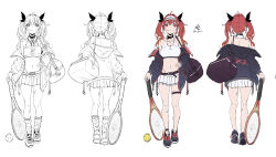 Rule 34 | 1girl, absurdres, ahoge, alternate costume, azur lane, bag, ball, bandaid, bandaid on face, bandaid on leg, bare shoulders, belt, black belt, black collar, black footwear, black jacket, black ribbon, breasts, character sheet, chinese commentary, cleavage, closed mouth, collar, collarbone, commentary request, hair between eyes, hair ribbon, hand on own hip, highres, holding, holding racket, honolulu (azur lane), hood, hood down, hooded jacket, jacket, large breasts, long hair, looking at viewer, loose socks, midriff, miniskirt, mouth hold, navel, off shoulder, open clothes, open jacket, panana, pleated skirt, racket, red eyes, red hair, ribbon, shoes, sidelocks, simple background, skirt, sleeves rolled up, sneakers, socks, sports bra, sportswear, standing, tennis ball, tennis racket, tennis uniform, thigh strap, twintails, visor cap, white background, white headwear, white skirt, white sports bra, wristband