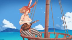Rule 34 | 1girl, animal ear fluff, animal ears, artist name, bare shoulders, bird, blue sky, breasts, brown hair, cleavage, closed eyes, cloud, commentary, commission, crow&#039;s nest, day, english commentary, eyes visible through hair, final fantasy, final fantasy xiv, hair bun, highres, instrument, kuroonehalf, large breasts, long hair, mandolin, mast, mountain, mountainous horizon, multicolored hair, music, no bra, ocean, original, outdoors, pants, playing instrument, profile, rabbit ears, rope, seagull, sidelocks, single hair bun, sitting, sky, smile, solo, striped clothes, striped pants, two-tone hair, vertical-striped clothes, vertical-striped pants, viera, warrior of light (ff14)