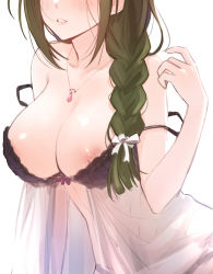 Rule 34 | 1girl, bad id, bad twitter id, blush, braid, breasts, brown hair, fpanda, hair ribbon, head out of frame, highres, idolmaster, idolmaster shiny colors, jewelry, kuwayama chiyuki, large breasts, lingerie, long hair, negligee, nightgown, nipple slip, nipples, parted lips, pendant, ribbon, see-through, simple background, single braid, solo, strap slip, underwear, white background