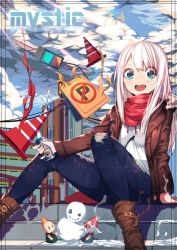 Rule 34 | 1girl, bad id, bad pixiv id, blue eyes, boots, can, cloud, erere, fur trim, highres, holding, holding can, jacket, long hair, long sleeves, no parking sign, open mouth, original, outdoors, pants, scarf, shirt, sitting, snow, snowman, stairs, traffic cone, traffic light, white hair, | |