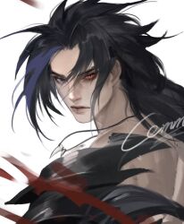 Rule 34 | 1boy, blue eyes, blue hair, closed mouth, commentary, english commentary, expressionless, heterochromia, highres, jewelry, kayn (league of legends), league of legends, long hair, looking at viewer, looking back, male focus, multicolored hair, necklace, parted bangs, red eyes, rellapzz3, simple background, solo, streaked hair, upper body, white background