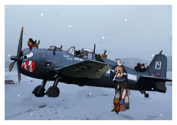 Rule 34 | 1girl, aircraft, aircraft request, airplane, black shirt, blue mittens, brown hair, cat, commentary request, f6f hellcat, grey skirt, intrepid (kancolle), kantai collection, mittens, outdoors, ponytail, shirt, short hair, skirt, snow, timmyyen, too many, too many cats