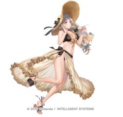 Rule 34 | alternate costume, bikini, blonde hair, blue eyes, bow, bracelet, breasts, cleavage, cup, drinking glass, drinking straw, female focus, fire emblem, fire emblem: three houses, fire emblem heroes, hand up, hat, holding, holding spoon, jewelry, kippu, large breasts, legs, long hair, looking to the side, mercedes von martritz, midriff, nail polish, navel, nintendo, official art, open mouth, parfait, petals, ponytail, sandals, simple background, solo, spoon, straw hat, summer, swimsuit, thighs, toenail polish, toenails, toes, white background