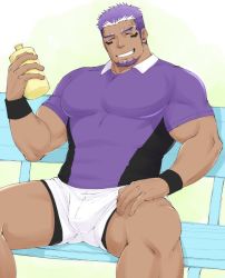 Rule 34 | 1boy, bara, black male underwear, bulge, casual, covered abs, dark-skinned male, dark skin, facial hair, facial mark, facing viewer, feet out of frame, goatee, green eyes, highres, holding, large pectorals, live a hero, long sideburns, male focus, male underwear, male underwear peek, mature male, multicolored hair, muscular, muscular male, on bench, pectorals, porkjinta, purple hair, purple shirt, shaft (live a hero), shirt, short hair, sideburns, sitting, smile, solo, spread legs, streaked hair, thick eyebrows, thick thighs, thighs, underwear, white hair, white shirt