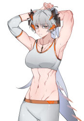 Rule 34 | 1girl, absurdres, ahoge, alternate costume, arknights, armpits, arms up, breasts, brown eyes, commentary request, cowboy shot, crop top, grey hair, grey pants, highres, horns, jewelry, large breasts, leggings, long hair, looking at viewer, midriff, molu stranger, navel, necklace, pants, parted lips, ponytail, saria (arknights), simple background, solo, sports bra, standing, stomach, tail, very long hair, white background