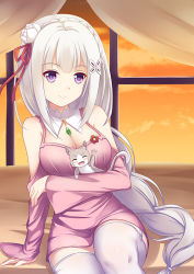 Rule 34 | 10s, 1girl, ^ ^, arm at side, arm support, arm up, bare shoulders, bed sheet, blush, blush stickers, braid, breasts, cat, cleavage, closed eyes, closed mouth, clothing cutout, collaboration, collaboration request, crown braid, crystal, curtains, dress, elf, emilia (re:zero), euforia, eyebrows, flower, garter straps, hair flower, hair ornament, hair ribbon, indoors, leaning to the side, long hair, long sleeves, looking at viewer, medium breasts, on bed, orange sky, pack (re:zero), pointy ears, puck (re:zero), purple eyes, re:zero kara hajimeru isekai seikatsu, red flower, red ribbon, ribbon, short dress, shoulder cutout, silver hair, sitting, sky, smile, thighhighs, very long hair, waving arm, white flower, white thighhighs, window