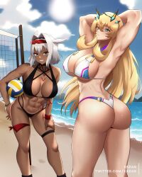 Rule 34 | 2girls, abs, alternate costume, animal ears, arm up, armpits, arms behind head, arms up, ass, asymmetrical legwear, ball, bare legs, bare shoulders, barghest (fate), barghest (swimsuit archer) (fate), beach, beach volleyball, belly, biceps, bikini, black bikini, black footwear, black hairband, blonde hair, blue eyes, blue sky, blush, body markings, bracelet, breasts, caenis (fate), caenis (swimsuit rider) (fate), cleavage, closed mouth, cloud, cloudy sky, collarbone, curvy, dark-skinned female, dark skin, day, eyelashes, eyewear on head, fate/grand order, fate (series), from behind, glasses, gluteal fold, green eyes, groin, hair between eyes, hair ornament, hairband, hand on leg, hand on own hip, hand on own leg, hand on own thigh, highres, holding, holding ball, hot, huge ass, huge breasts, jewelry, large breasts, legs, long hair, looking back, markings, midriff, mountainous horizon, multiple girls, muscular, muscular female, narrow waist, navel, ocean, outdoors, panties, presenting, presenting armpit, print swimsuit, revealing clothes, sand, seductive smile, shiny skin, shoes, short hair, sideboob, skin tight, sky, smile, standing, stomach, summer, sun, sunglasses, sunlight, sweat, swimsuit, take your pick, tattoo, thick thighs, thighlet, thighs, toned, twitter username, underwear, very long hair, volleyball, volleyball (object), volleyball net, water, white bikini, white hair, wide hips, wristband, xkzan, yellow eyes