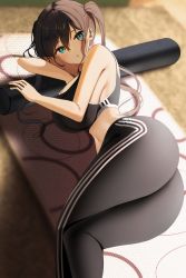 Rule 34 | 1girl, absurdres, arm rest, ass, black hair, black pants, black sports bra, blush, borrowed character, breasts, cushion, green eyes, head rest, highres, large breasts, long hair, looking at viewer, lying, mat, midriff, mole, mole under eye, navel, nicorima, on side, original, pants, parted lips, solo, sports bra, twintails, yoga pants