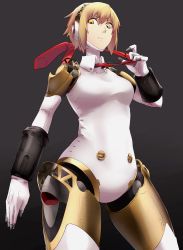Rule 34 | 1girl, absurdres, aegis (persona), android, blonde hair, breasts, closed mouth, highres, joints, looking at viewer, necktie, persona, persona 3, rdc7229, robot joints, short hair, simple background, solo, yellow eyes