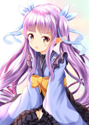 Rule 34 | 1girl, :o, blue kimono, blue ribbon, blush, bow, brown eyes, commentary request, hair ribbon, highres, japanese clothes, kimono, kyouka (princess connect!), long hair, long sleeves, looking at viewer, open mouth, orange bow, pointy ears, princess connect!, purple hair, ribbon, ribbon trim, sidelocks, solo, tears, twintails, very long hair, wide sleeves, xenon (for achieve)