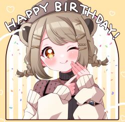 Rule 34 | 1girl, :q, absurdres, animal ears, bear ears, beret, black shirt, blush, braid, brown eyes, brown hair, brown hat, closed mouth, commentary request, confetti, hair ornament, hairclip, happy birthday, hat, heart, heart print, highres, kino haruc, konan mia, long sleeves, low twin braids, medium bangs, nanashi inc., one eye closed, print shirt, shirt, short hair, smile, solo, sweater, tongue, tongue out, twin braids, upper body, virtual youtuber, watch, white sweater, wristwatch