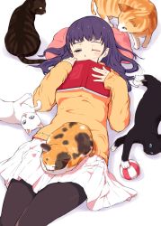 Rule 34 | 1girl, animal, animal on lap, ball, black cat, black pantyhose, blue eyes, blush, book, brown sweater, calico, cat, cat day, cat on lap, covered mouth, half-closed eye, hands up, highres, lying, on back, on lap, one eye closed, open book, original, pantyhose, pillow, pleated skirt, purple hair, skirt, sleepy, sleeves past wrists, solo, solvalou, sweater, tabby cat, white cat, white skirt