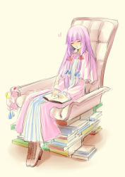 Rule 34 | 1girl, ayahono, book, boots, capelet, cloak, closed eyes, dress, female focus, full body, hair ribbon, hat, long hair, open book, patchouli knowledge, purple hair, ribbon, sitting, sleeping, striped clothes, striped dress, touhou, tress ribbon, unworn hat, unworn headwear, vertical stripes