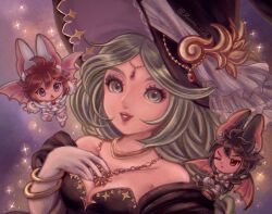 1girl 2boys animal_ears bat_ears bat_wings blue_eyes brown_hair chibi cleavage_cutout clothing_cutout dark_pit forehead_jewel gloves green_eyes green_hair hat highres jewelry kid_icarus kid_icarus_uprising lipstick makeup multiple_boys necklace nintendo palutena pit_(kid_icarus) suruga_kanade white_gloves wings witch witch_hat