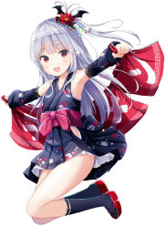 Rule 34 | 1girl, :d, armpits, black socks, blunt bangs, detached sleeves, floral print, flower, full body, hair flower, hair ornament, holding, japanese clothes, jumping, kimono, kneehighs, long hair, looking at viewer, morerin, one side up, open mouth, original, outstretched arms, print kimono, red eyes, sandals, sash, short kimono, side ponytail, silver hair, simple background, smile, socks, solo, white background, yukata