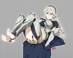 Rule 34 | 1girl, armor, armored dress, artist logo, ass, black hairband, black panties, blue cape, breasts, cape, closed mouth, clothing cutout, commentary, corrin (female) (fire emblem), corrin (fire emblem), english commentary, eyelashes, feet, fire emblem, fire emblem fates, full body, grey background, grey hair, hair between eyes, hairband, highres, knees up, legs, lips, looking at viewer, lying, medium breasts, nintendo, no shoes, on back, panties, patterned background, pointy ears, r3dfive, red eyes, shadow, sidelocks, soles, solo, stirrup legwear, thigh cutout, thighs, toeless legwear, toenails, toes, underwear