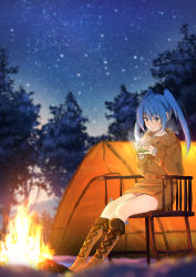 Rule 34 | 1girl, blue eyes, blue hair, boots, brown footwear, campfire, chair, coat, cross-laced footwear, domo1220, hatsune miku, knee boots, lace-up boots, long hair, matching hair/eyes, outdoors, sitting, sky, solo, star (sky), starry sky, tent, tree, vocaloid