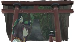 Rule 34 | 1girl, 2014, absurdres, animal ears, brown hair, cat ears, chen, dated, dress, green hat, hat, highres, kabu (yuyuibob), looking at viewer, mob cap, red eyes, scenery, short hair, smile, solo, stairs, torii, touhou, tree