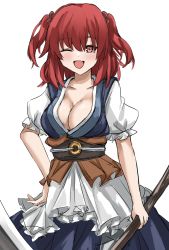 Rule 34 | 1girl, ;d, fang, hair bobbles, hair ornament, highres, holding, holding scythe, looking at viewer, o-ring, obi, one eye closed, onozuka komachi, open mouth, ramiki, red eyes, red hair, sash, scythe, simple background, skin fang, smile, solo, touhou, two side up, white background