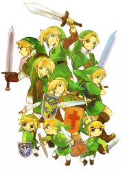 Rule 34 | 6+boys, annotated, bad id, bad pixiv id, black eyes, blonde hair, blue eyes, ezlo, grin, hat, left-handed, link, male focus, master sword, multiple boys, multiple persona, nintendo, pointy ears, shield, smile, sword, tetsu (teppei), the legend of zelda, the legend of zelda: ocarina of time, the legend of zelda: the minish cap, the legend of zelda: the wind waker, the legend of zelda: twilight princess, the legend of zelda (nes), toon link, weapon, young link