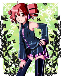 Rule 34 | 1girl, absurdres, ahoge, bug, butterfly, colorized, detached sleeves, drill hair, hand on own hip, highres, hip focus, bug, kasane teto, masu shu, red eyes, red hair, smile, solo, thighhighs, twin drills, utau