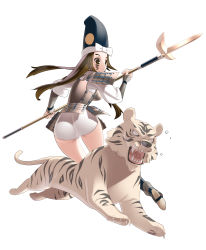 Rule 34 | absurdres, armor, ass, bad id, bad pixiv id, brown eyes, brown hair, highres, long hair, looking back, polearm, solo, spear, tensugi takashi, tiger, weapon, white tiger